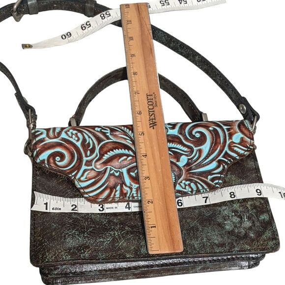 Patricia Nash tooled turquoise brown leather crossbody Porcili texture filigree - Picture 3 of 10